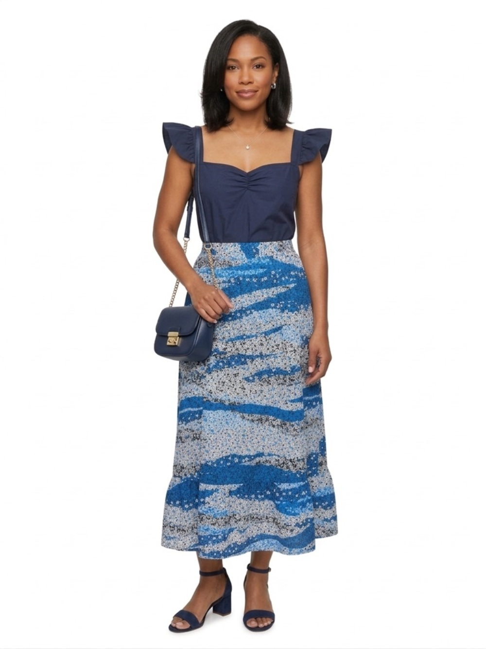 Blue Floral Midi Dress Ruffle Sleeve Cotton Blend Cottagecore Boho M